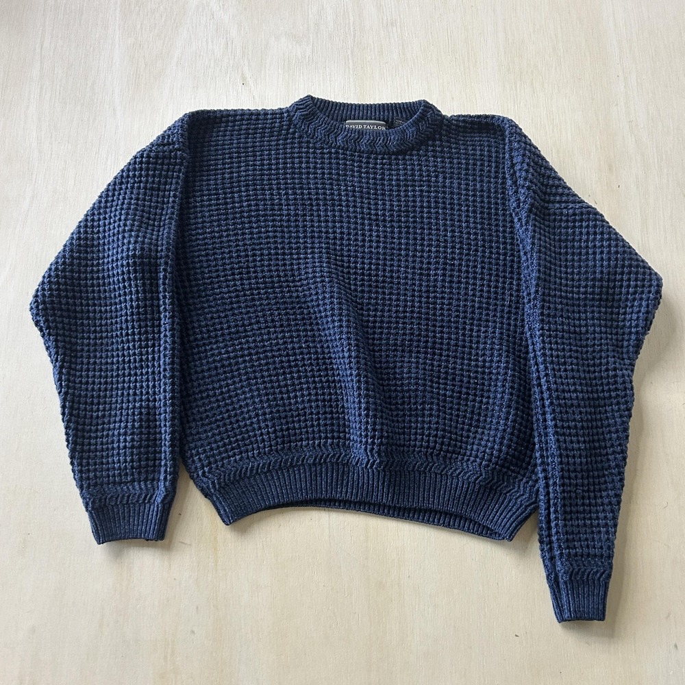 Vintage David Taylor Sweater Mens Large Blue Waffle-Knit Thermal Crewneck